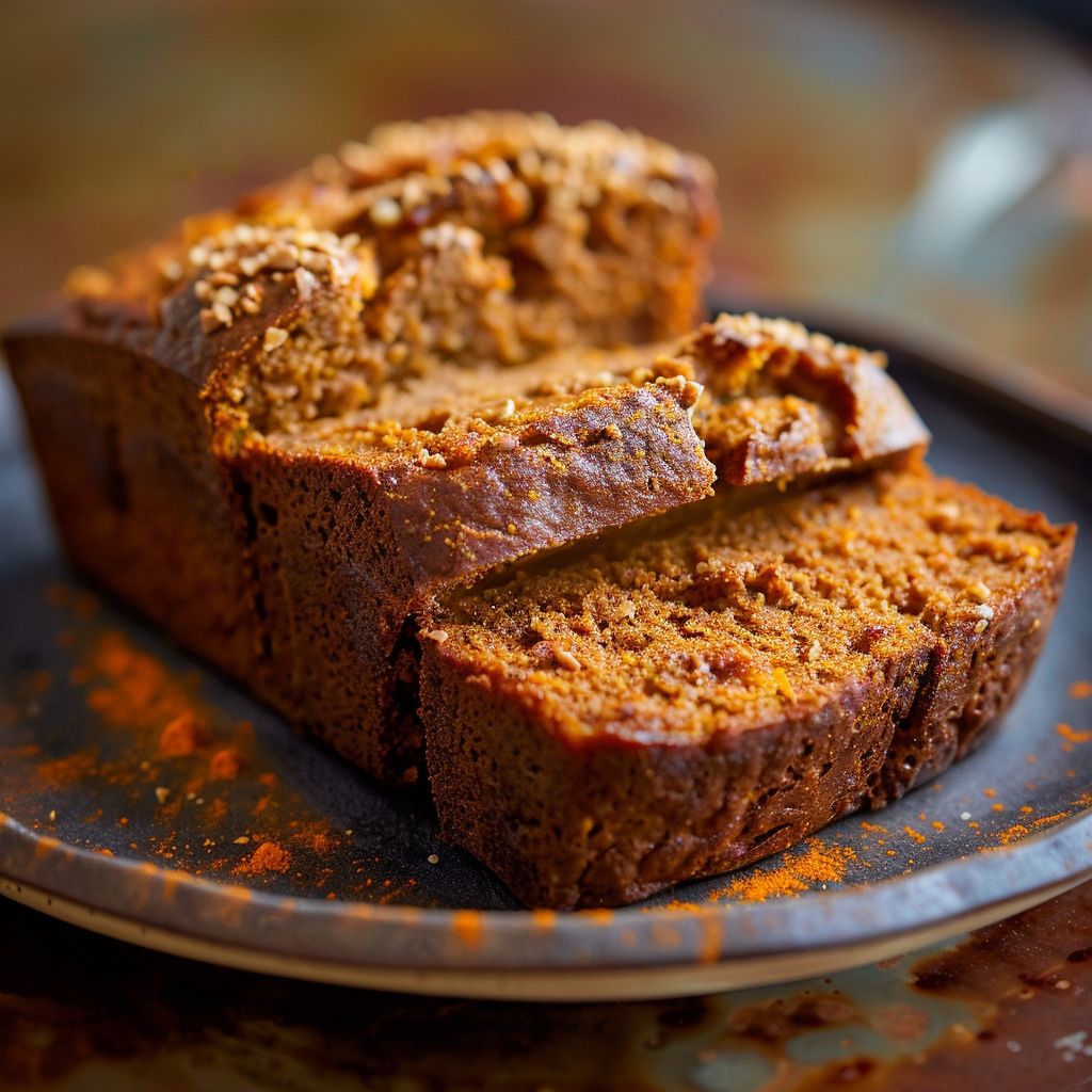 A close-up of freshly baked pumpkin bread topped with a crumbly streusel, set on a rustic wooden table.