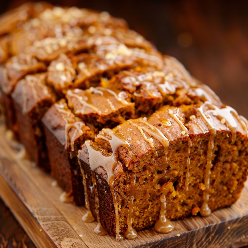 A moist pumpkin bread loaf drizzled with golden maple glaze, placed on a rustic wooden board.