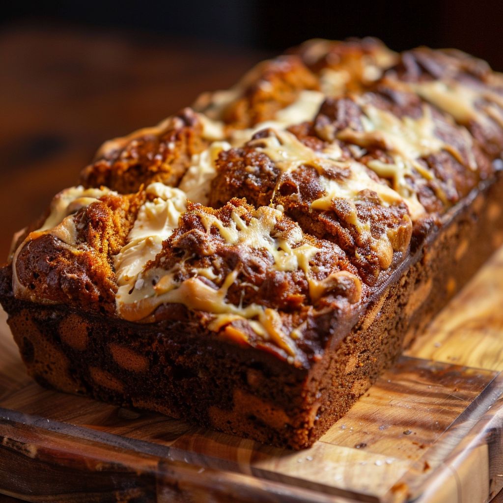 A loaf of pumpkin bread filled with cream cheese, sliced to reveal the creamy center.