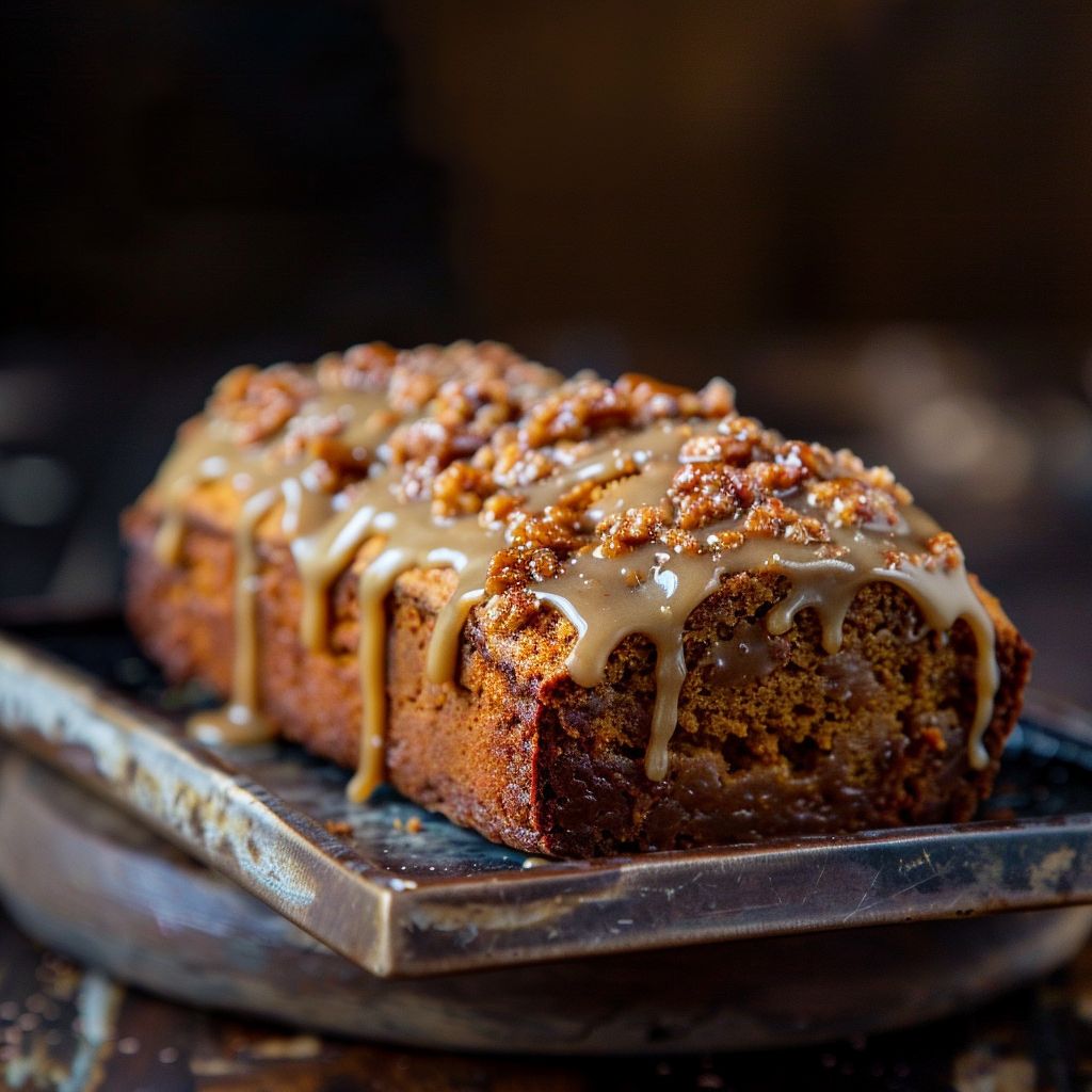 A loaf of pumpkin bread topped with brown butter maple icing, displayed on a rustic wooden surface.