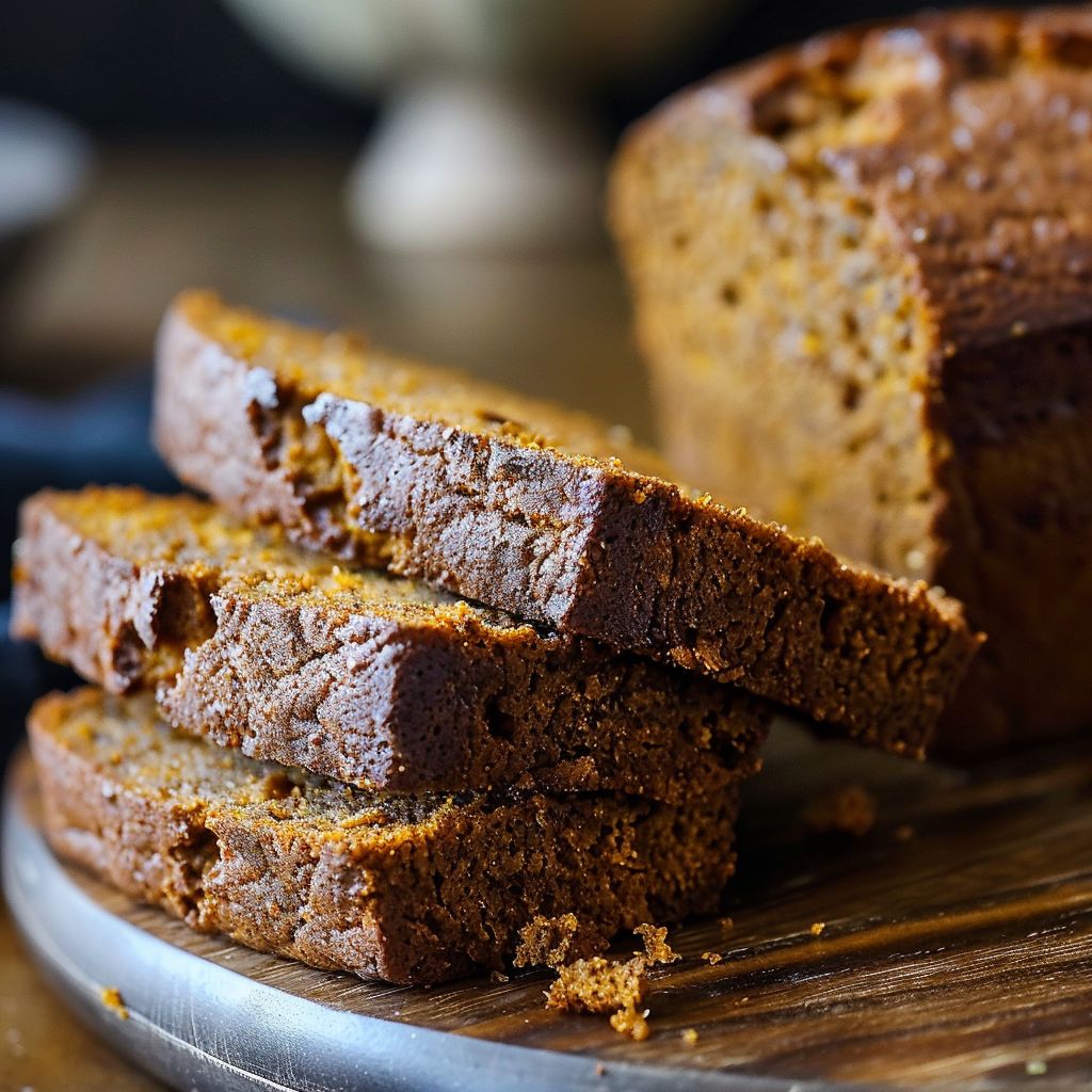 A freshly baked pumpkin bread loaf topped with a crunchy streusel, placed on a wooden cutting board.