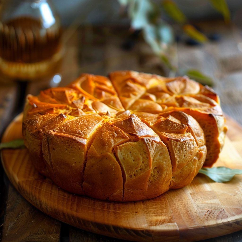 A golden-brown pumpkin-shaped bread with a creamy filling, displayed on a rustic wooden surface.