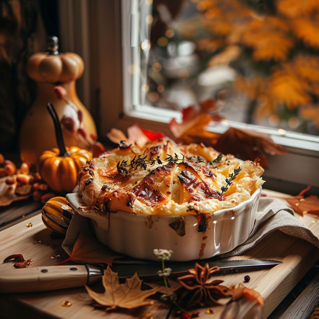 A beautifully arranged fall dinner table with seasonal dishes and autumn decor.