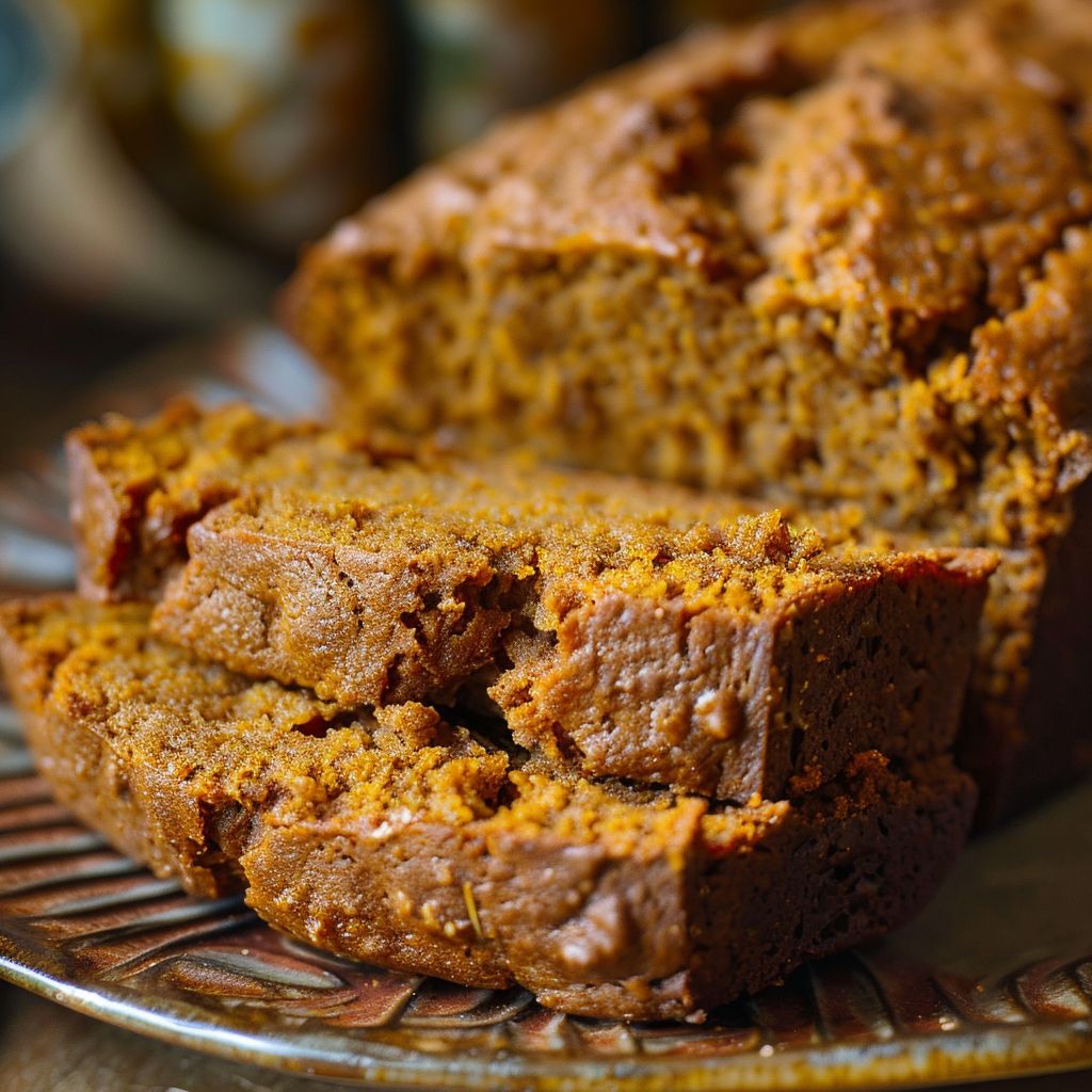 A slice of moist pumpkin bread with a golden-brown crust on a rustic wooden table.
