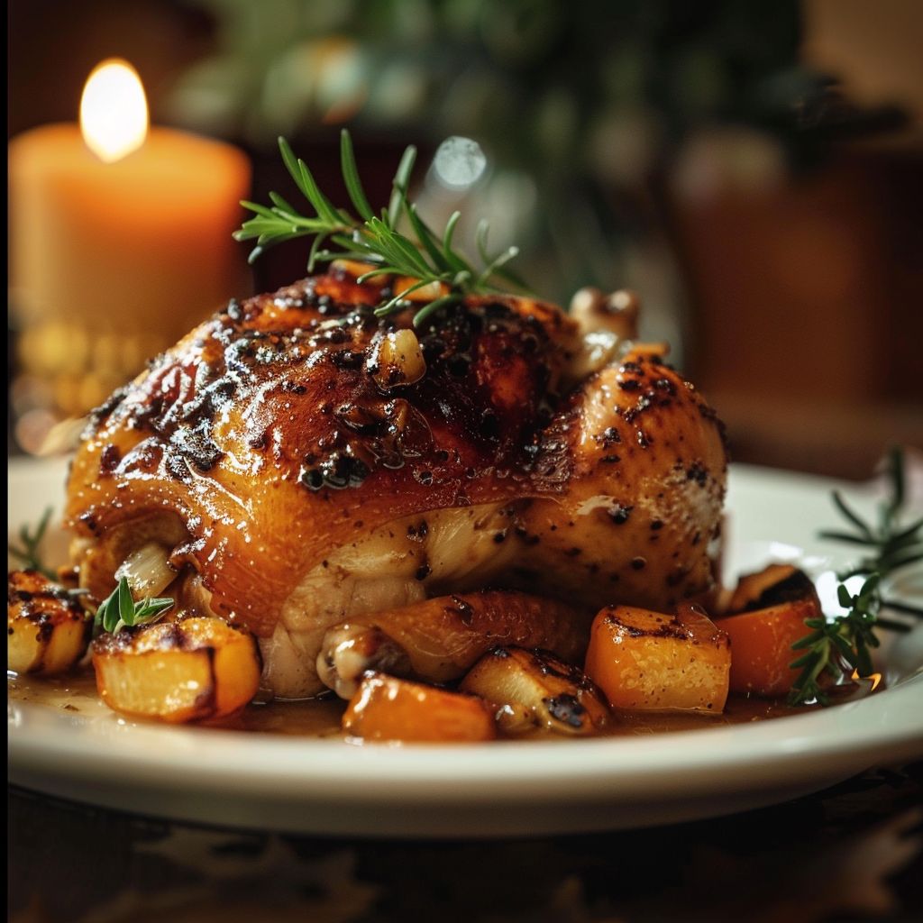 A warm, inviting autumn chicken dinner with roasted vegetables on a plate.