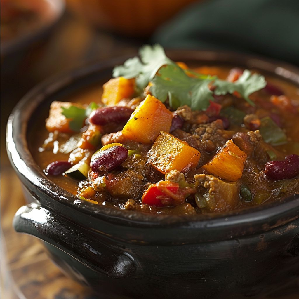 A bowl filled with vibrant pumpkin chili topped with cilantro and avocado.