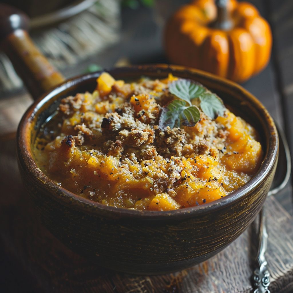 A close-up shot of a hearty fall stew in a crockpot, with vegetables and spices visible.