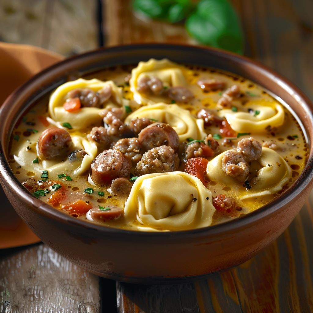A steaming bowl of sausage tortellini soup with spinach, garnished with fresh herbs.