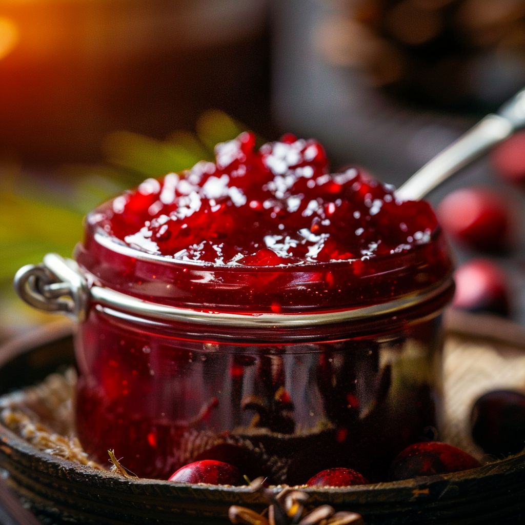 A jar of vibrant cranberry jam displayed on a rustic wooden table with fresh cranberries scattered around.