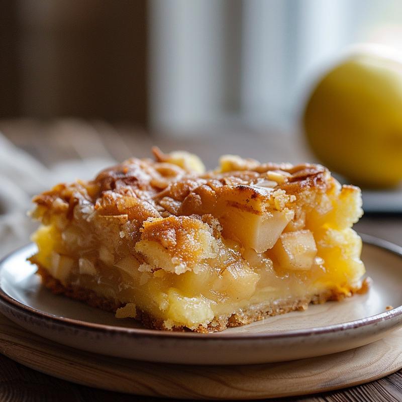 Close-up of a perfectly baked slice of dump cake on a light wood board.