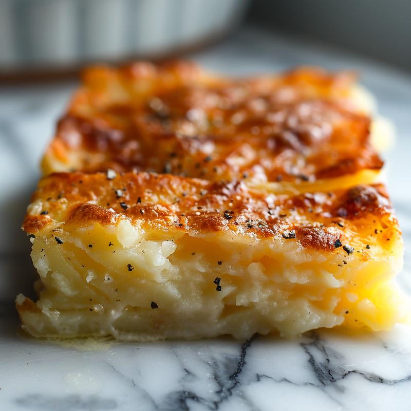 Close-up of a creamy French potato casserole served in a minimalist style on a marble surface.