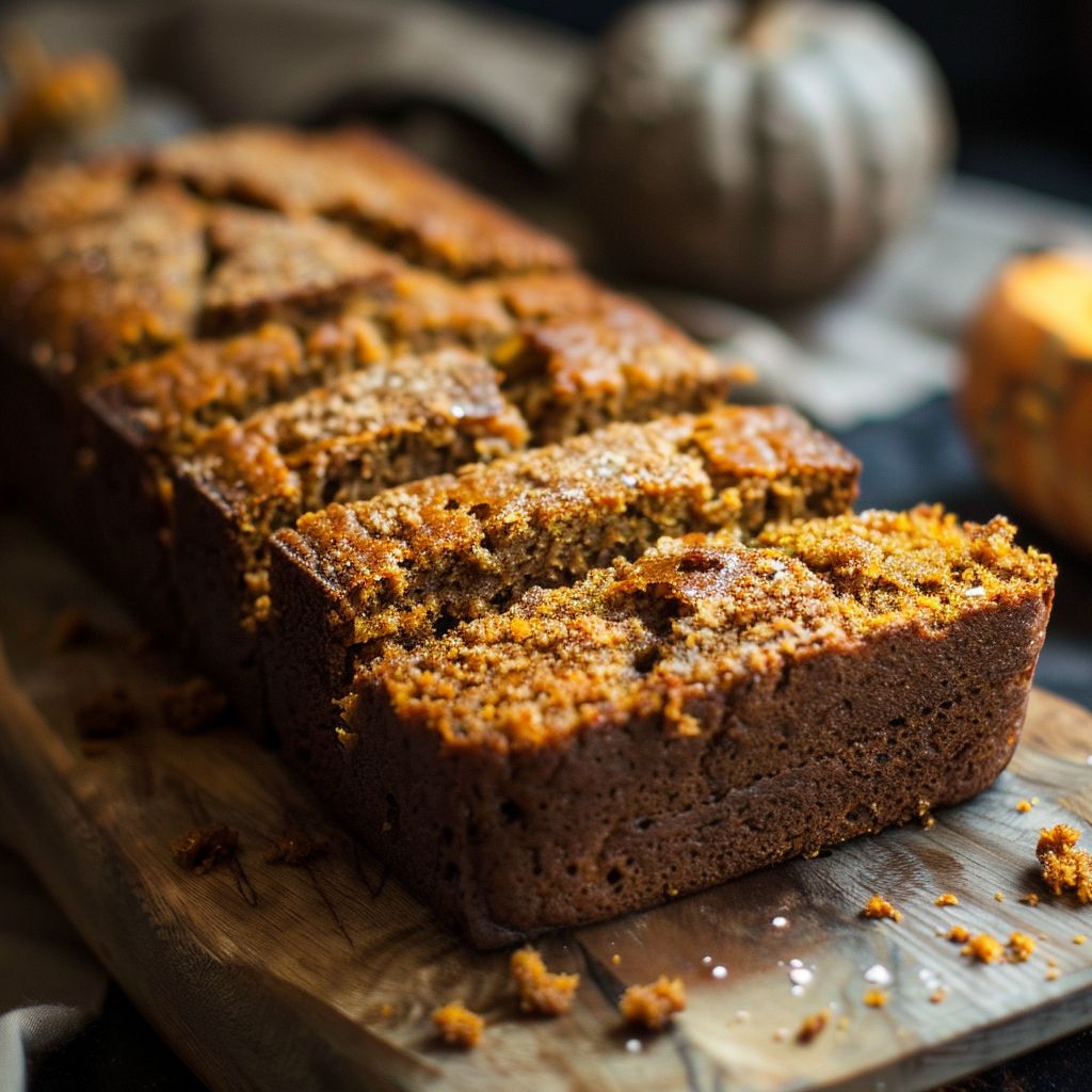 Close-up of a loaf of pumpkin bread with a golden-brown crust on a wooden surface.