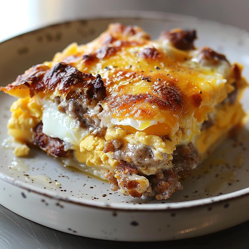 Close-up of a slice of sausage egg and cheese casserole on a light grey plate, showcasing its golden-brown crust and creamy interior.