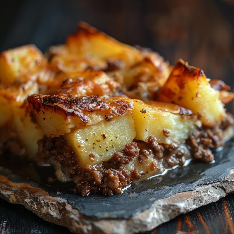 A close-up of a hearty ground beef and potatoes casserole on a rustic slate plate, featuring rich textures and colors.