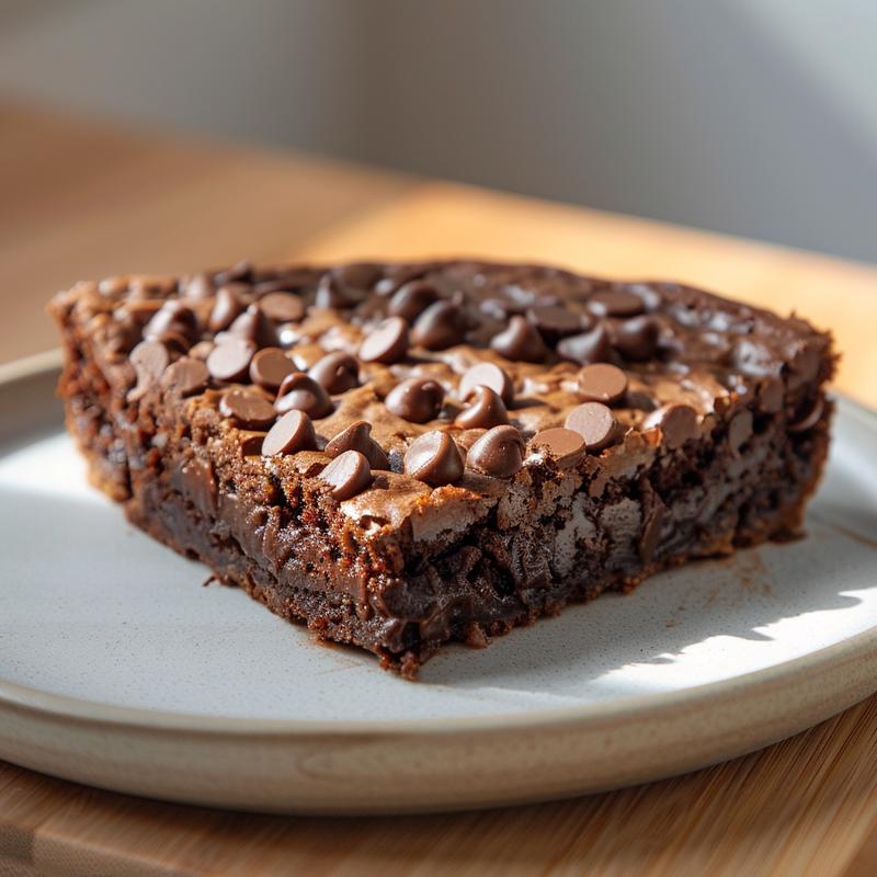A close-up of a slice of chocolate dump cake on a minimalist wooden board, showing rich chocolate texture and soft shadows.