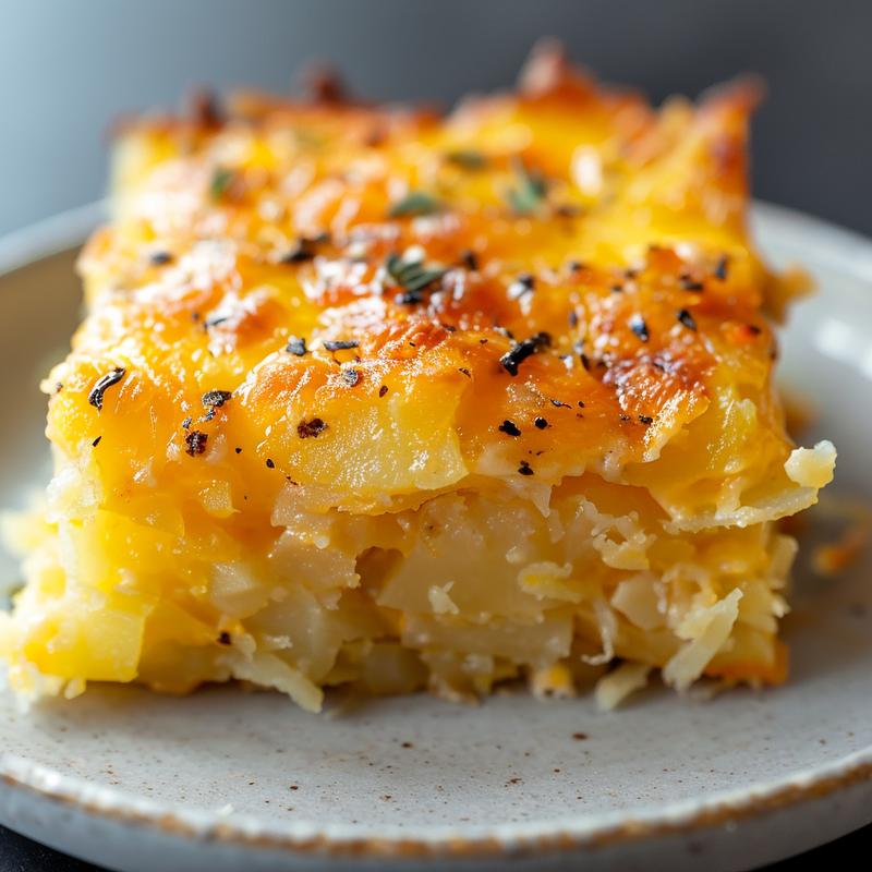 Close-up of a cheesy hashbrown potato casserole on a light grey plate.