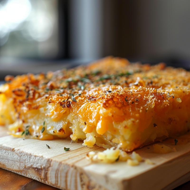 Close-up of a serving of cheesy hashbrown potato casserole on a wooden board.