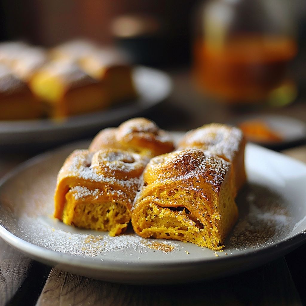 A close-up of warm, golden-brown pumpkin bread rolls arranged on a wooden surface.