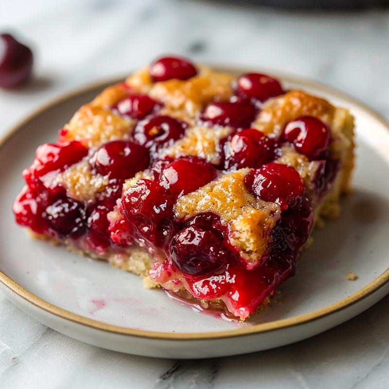 A close-up of a slice of apple dump cake on a light grey ceramic plate.