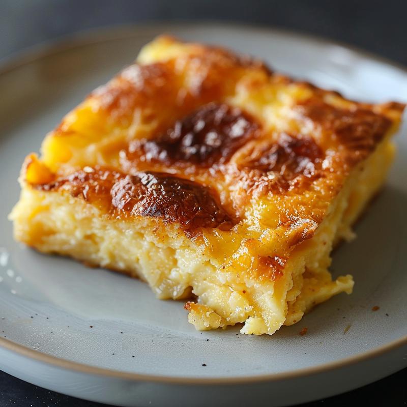 Close-up of a delicious portion of crack breakfast casserole on a light wood board.