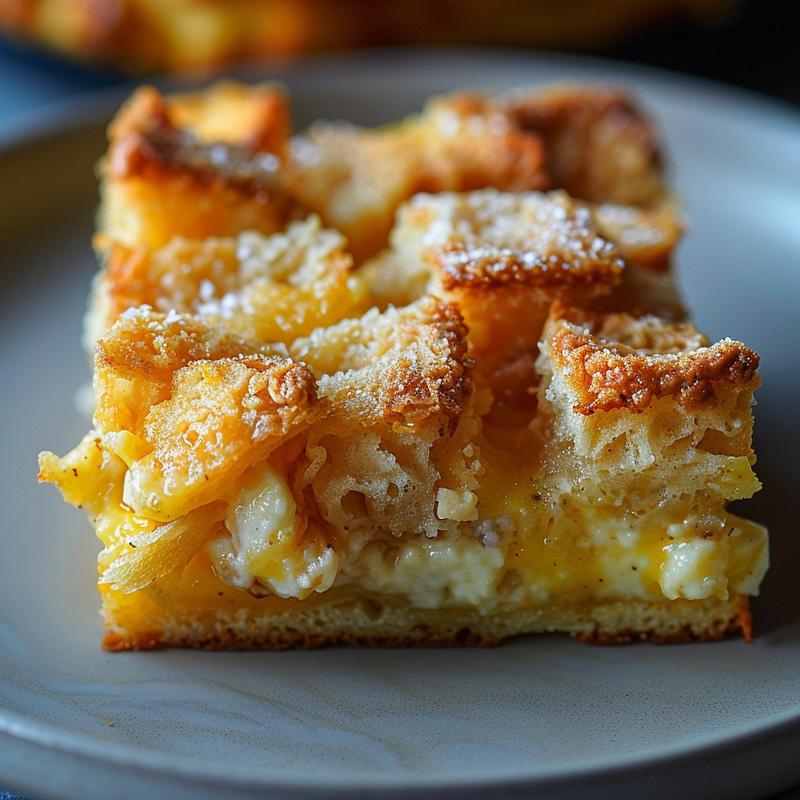 Close-up of a portion of crack breakfast casserole on a light grey plate.