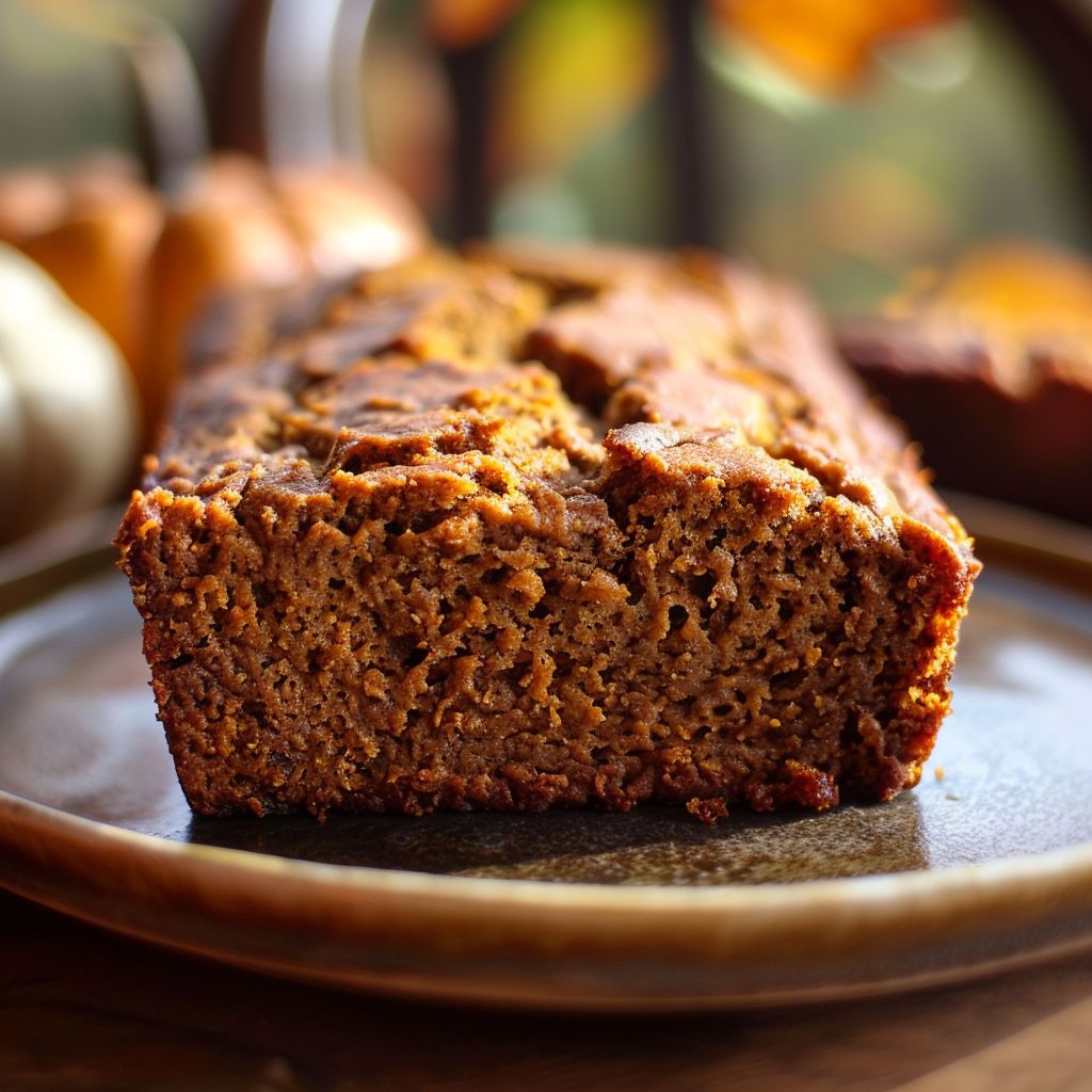 A close-up of a freshly baked pumpkin bread loaf on a wooden cutting board.