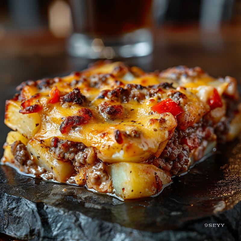 A close-up view of a cheesy hamburger potato casserole served on a rustic stone countertop, highlighting creamy texture and melted cheese.