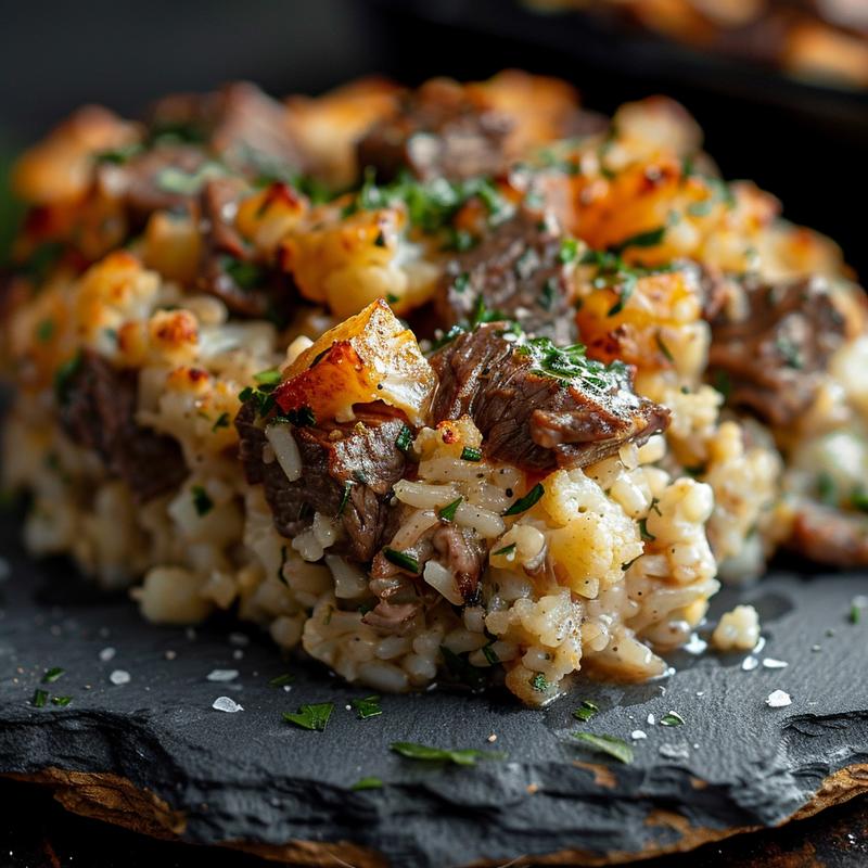 Close-up of a delicious beef and cauliflower rice casserole on a rustic slate plate.