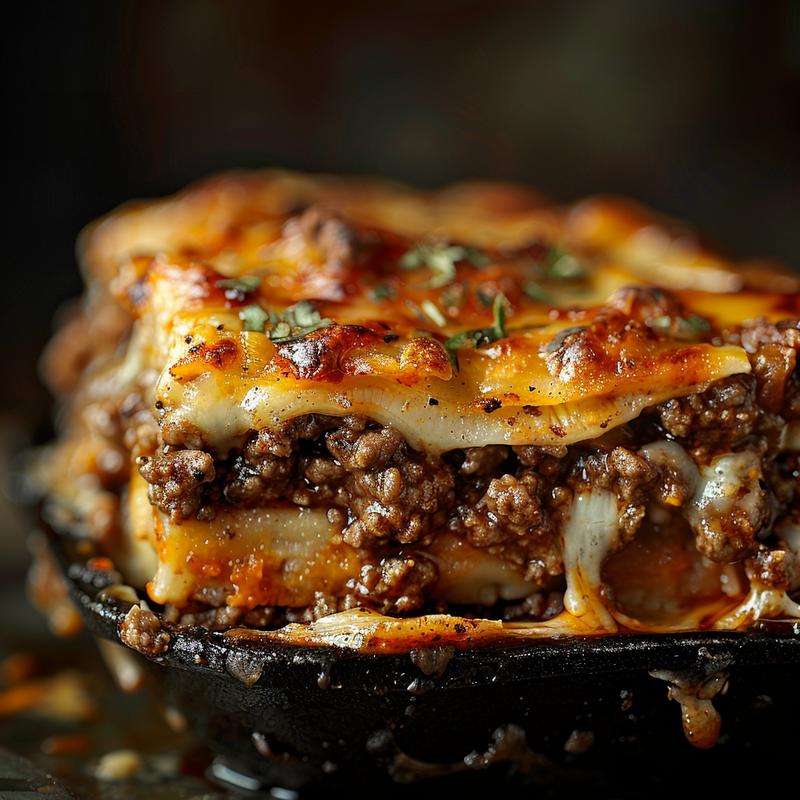 Close-up of a healthy ground beef casserole in a rustic cast iron dish, showcasing rich textures and colorful ingredients.