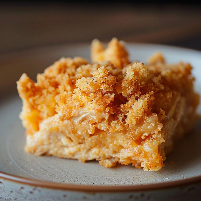 Close-up of a creamy crack chicken casserole on a light grey plate.