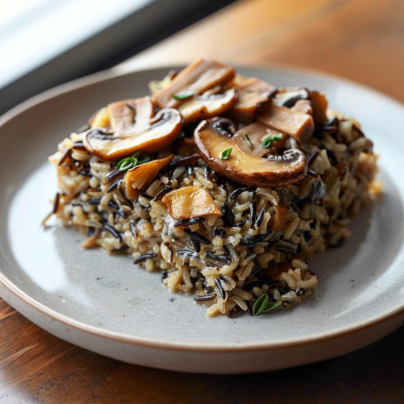 Close-up of a serving of wild rice and mushroom casserole on a light grey ceramic plate.