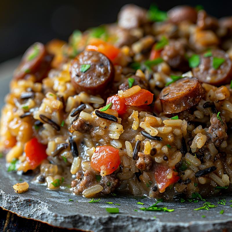 Close-up of a beef sausage wild rice casserole, showcasing its texture on a rustic, chipped slate plate.