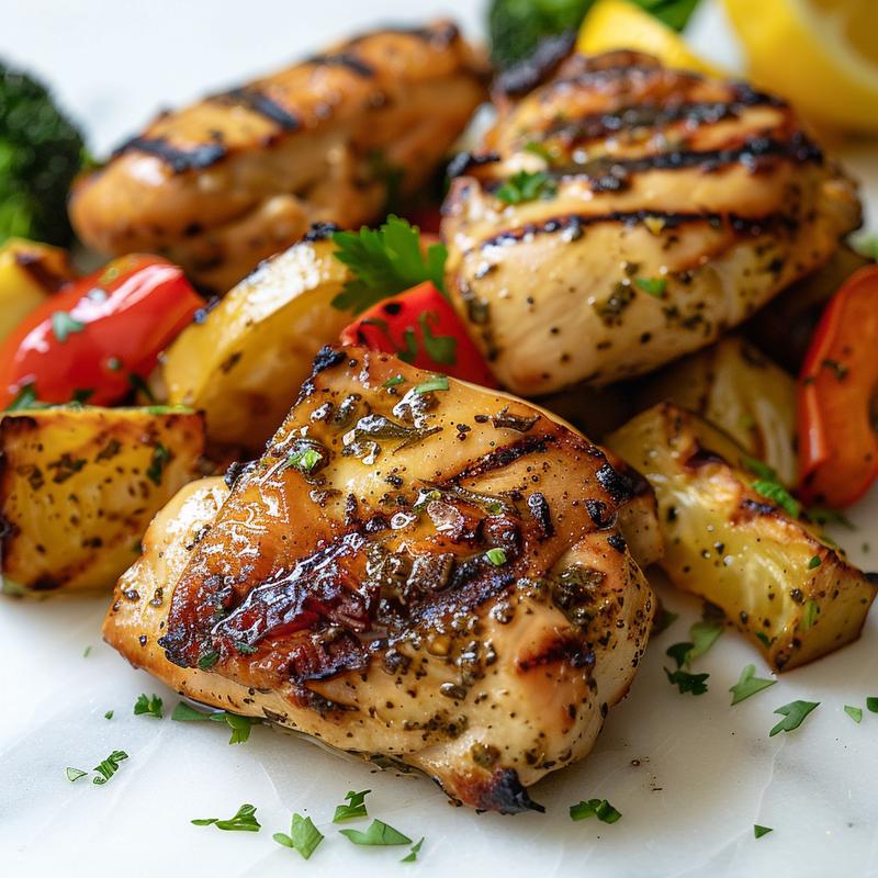 Close-up of grilled lemon herb chicken with vibrant roasted vegetables on a white marble surface.
