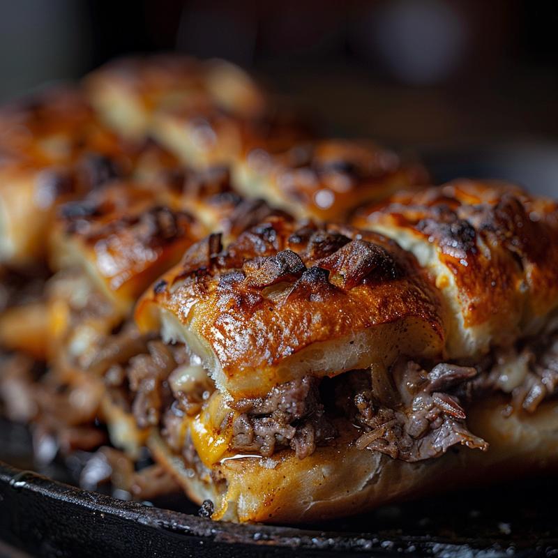 Close-up view of a portion of keto Philly cheesesteak rolls on a cast iron surface with rich shadows.