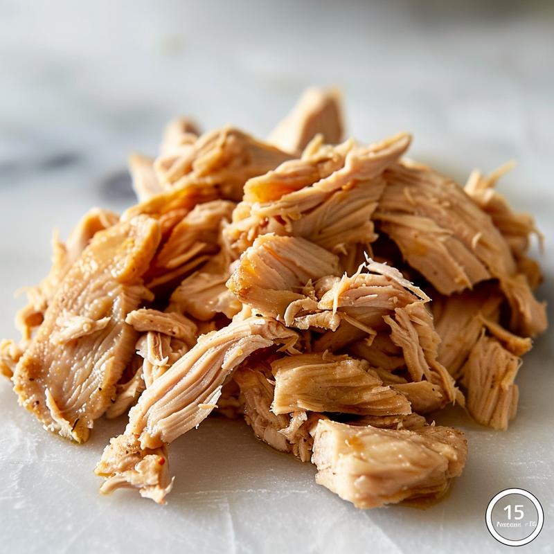 Close-up of tender, shredded chicken on a white marble surface.