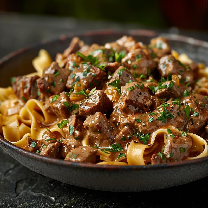 Close-up shot of a creamy slow cooker beef stroganoff served on a dark stone countertop.