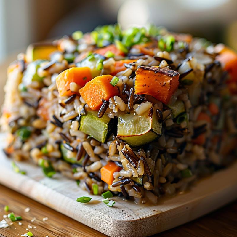 A close-up view of a portion of wild rice vegetable casserole on a light wooden board, showing vibrant vegetables and grains.