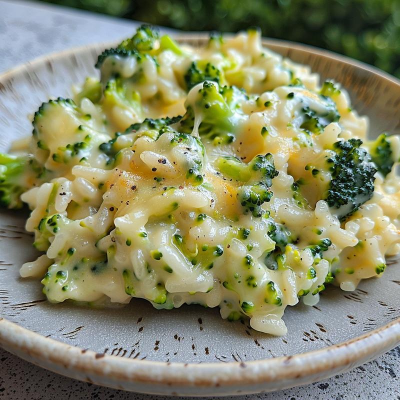Close-up of a creamy cheesy broccoli rice casserole on a light grey plate.
