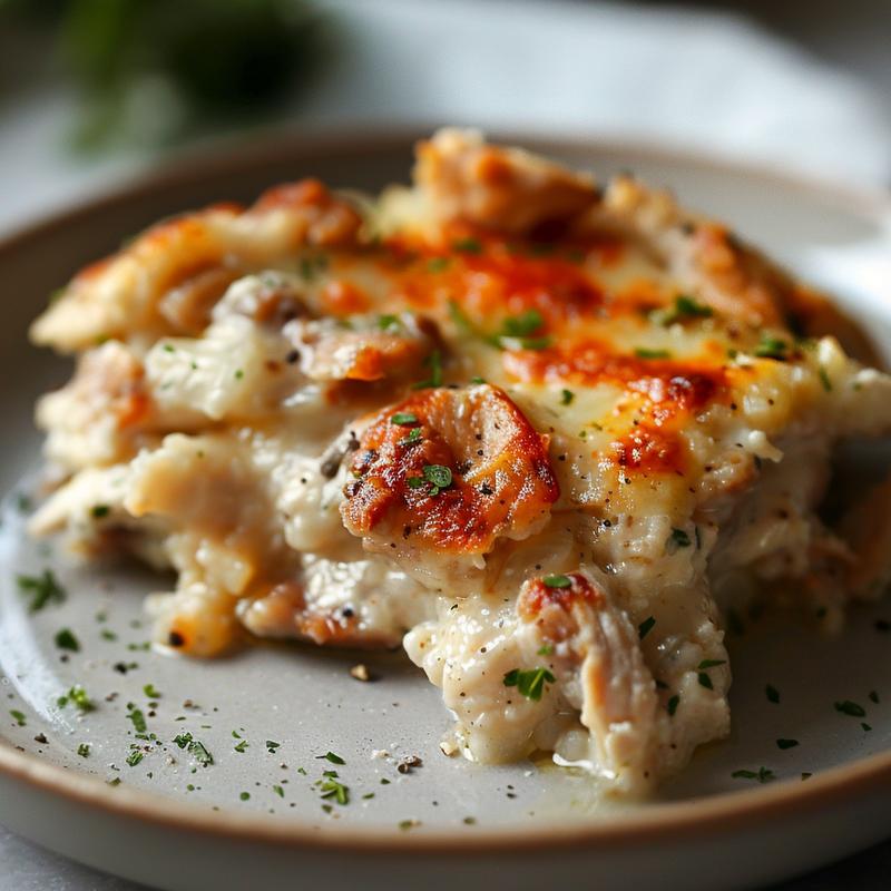 Close-up of a serving of keto chicken casserole on a light grey ceramic plate.