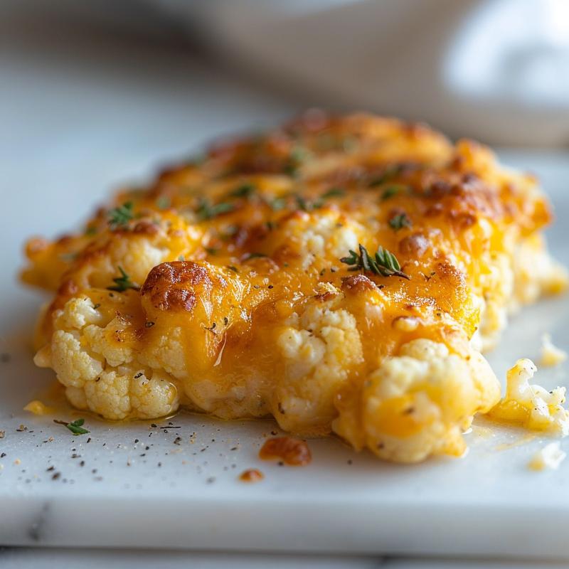 Close-up image of a cheesy cauliflower keto casserole on a marble surface, showcasing its creamy texture.