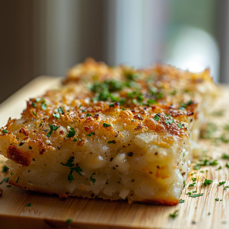 A close-up of a perfect holiday casserole on a wood board, showcasing rich textures and vibrant colors.