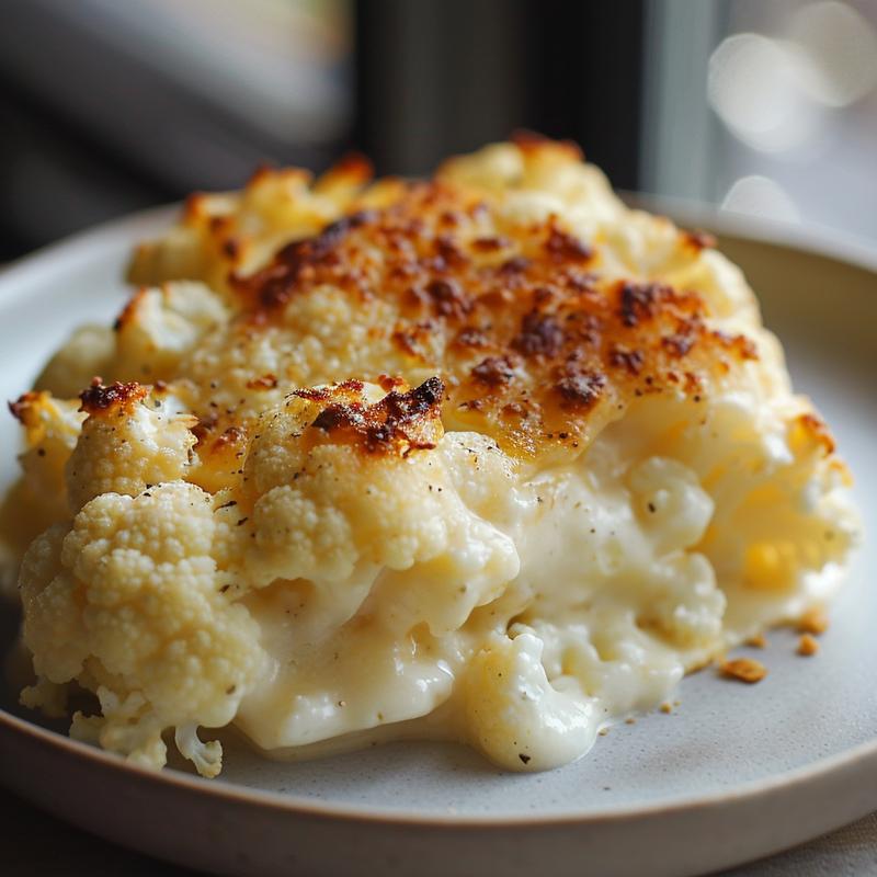 Close-up of creamy baked cauliflower cheese on a light grey plate.