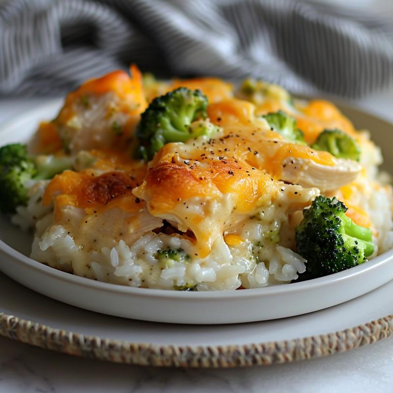 Close-up of broccoli cheddar chicken and rice casserole on a light grey ceramic plate.