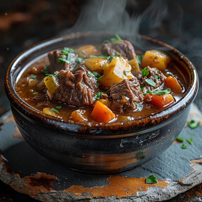 A close-up of a bowl of beef stew with steam rising, set on a textured slate plate.
