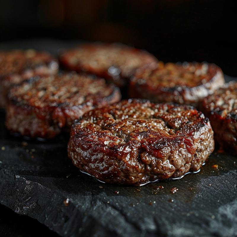 Close-up of a juicy stove top burger on a dark stone countertop, showing rich textures and shadows.