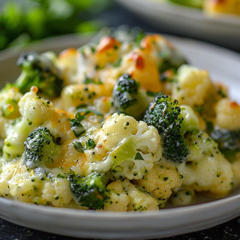 Close-up of a creamy cheesy broccoli cauliflower casserole on a light grey ceramic plate.