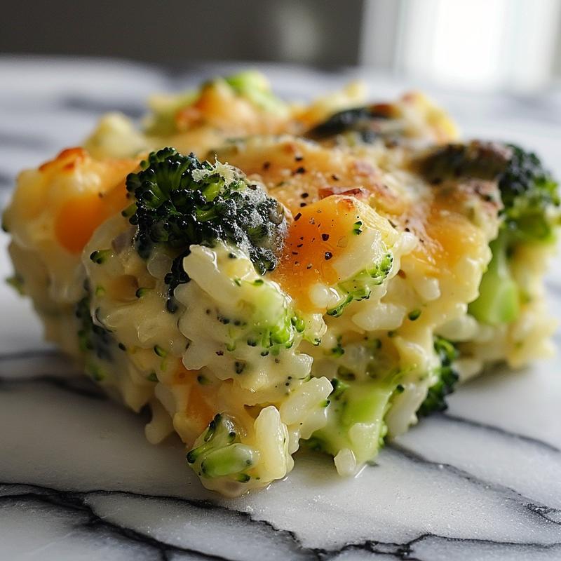 Close-up of velveeta broccoli rice casserole showcasing a creamy texture with bright green broccoli pieces.
