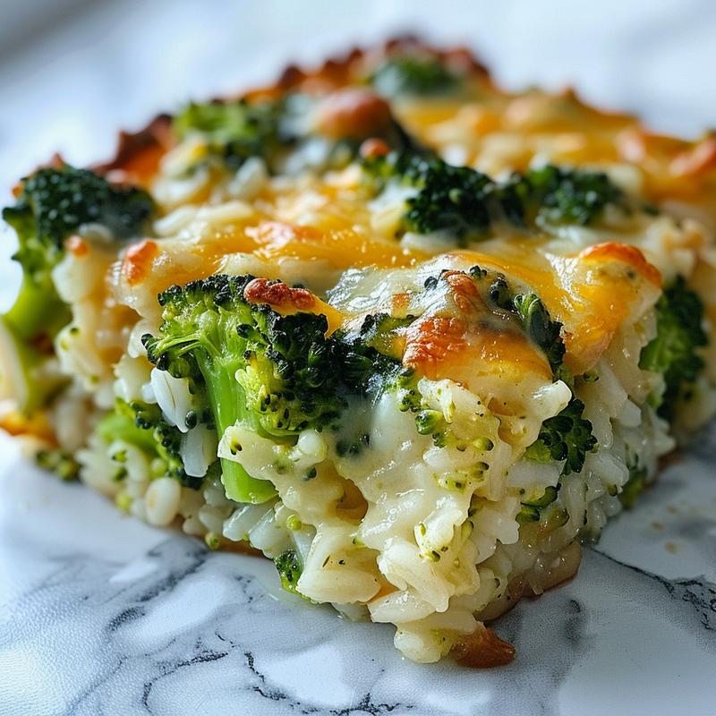 Close-up view of cheesy broccoli and rice casserole, highlighting its creamy texture and vibrant colors.