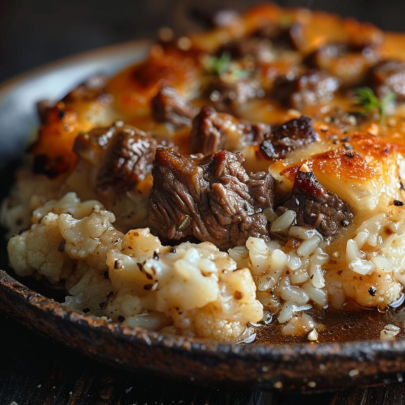 A close-up of a beef and cauliflower rice casserole served in a rustic bowl on a dark wooden table.