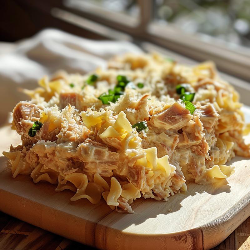 Close-up of a creamy tuna noodle casserole with a golden-brown top on a light wood board.